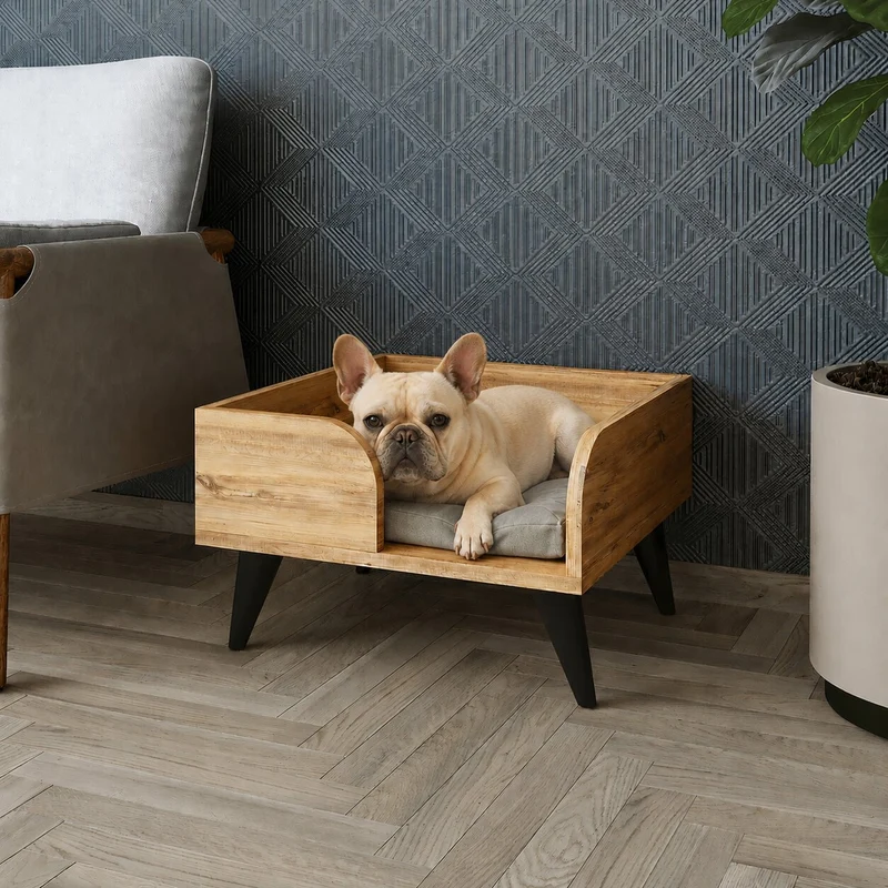 Roomart Hundebett & Katzenbett – erhöhtes Haustierbett mit Beinen, 50 x 50 cm, für kleine Hunde & Katzen – Eiche