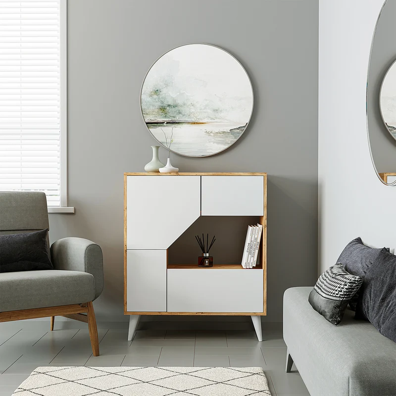 Roomart Mehrzweckschrank PABLO, 90 cm, mit 5 Fächern und Türen, in Weiß-Eiche