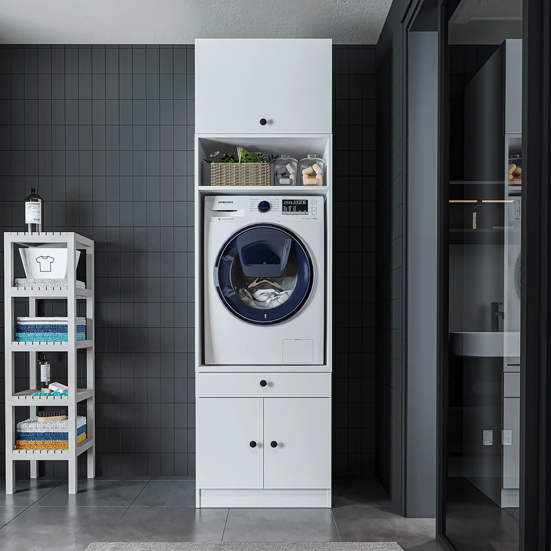 Roomart Waschmaschinenschrank SERIE 1 – 65 cm breit mit Ausziehbrett, Waschmaschinen-Überbauschrank für Waschküche & Bad – Weiß, Eiche, Schwarz-Eiche