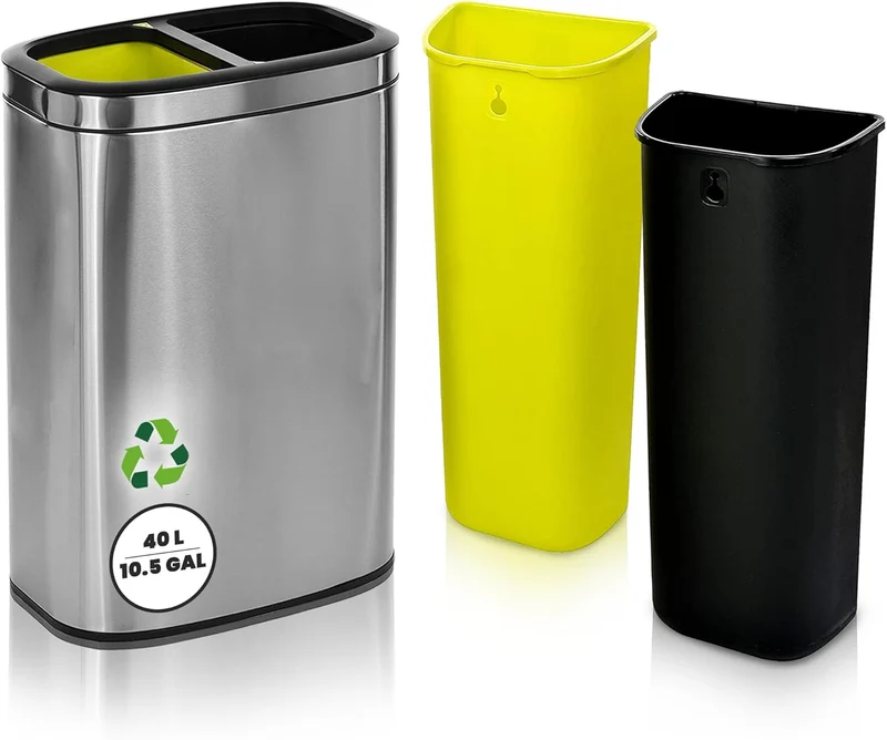 Alpine ALP470-R-40L 40L / 10.5 Gallon Dual Compartment Trash Can, Stainless Steel