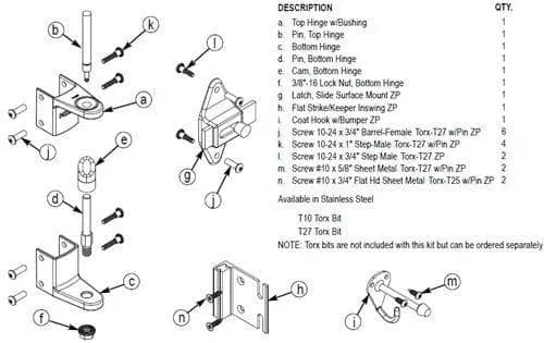 Bradley SD1-SLFS Toilet Partition Steel Door Surface-Latch Hardware Kit for use with Bradley 1" Panels