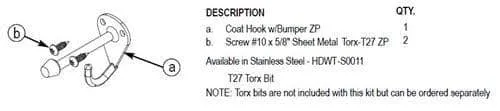 Bradley HDWT-S0011 Toilet Partition Coat Hook In-Swing Kit, Stainless Steel