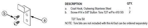 Bradley HDWT-S0013 Toilet Partition Coat Hook Out-Swing Kit for use with Bradley 1" Panels