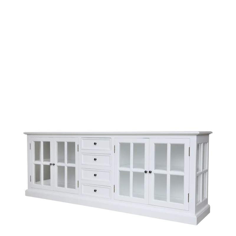 Chic Antique Vitrinskåp Marseille med 4 dörrar och 4 lådor H80/L220/B45 cm Vit