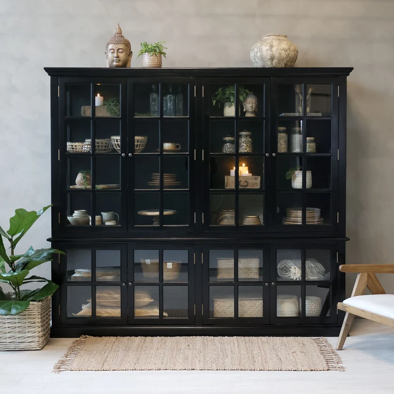 Chic Antique Vitrinskåp Marseille med 8 dörrar och hyllor H195/L220/B55 cm Svart