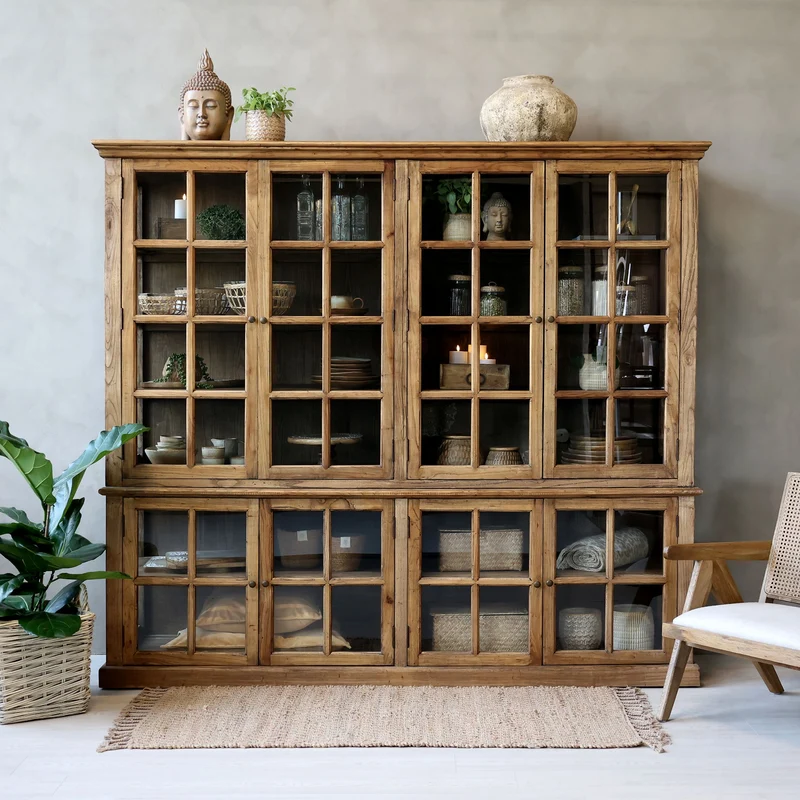 Chic Antique Vitrinskåp Marseille med 8 dörrar och hyllor H195/L220/B55 cm naturfärgad