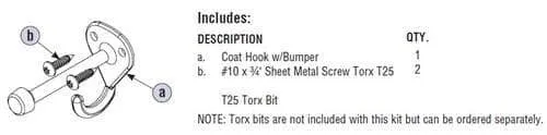 Bradley HDWP-Z0011 Toilet Partition Coat Hook Kit, In-Swing, Plastic