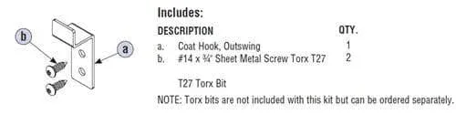 Bradley HDWP-S0013 Toilet Partition Coat Hook Kit, Out-Swing for use with Bradley 1" Panels