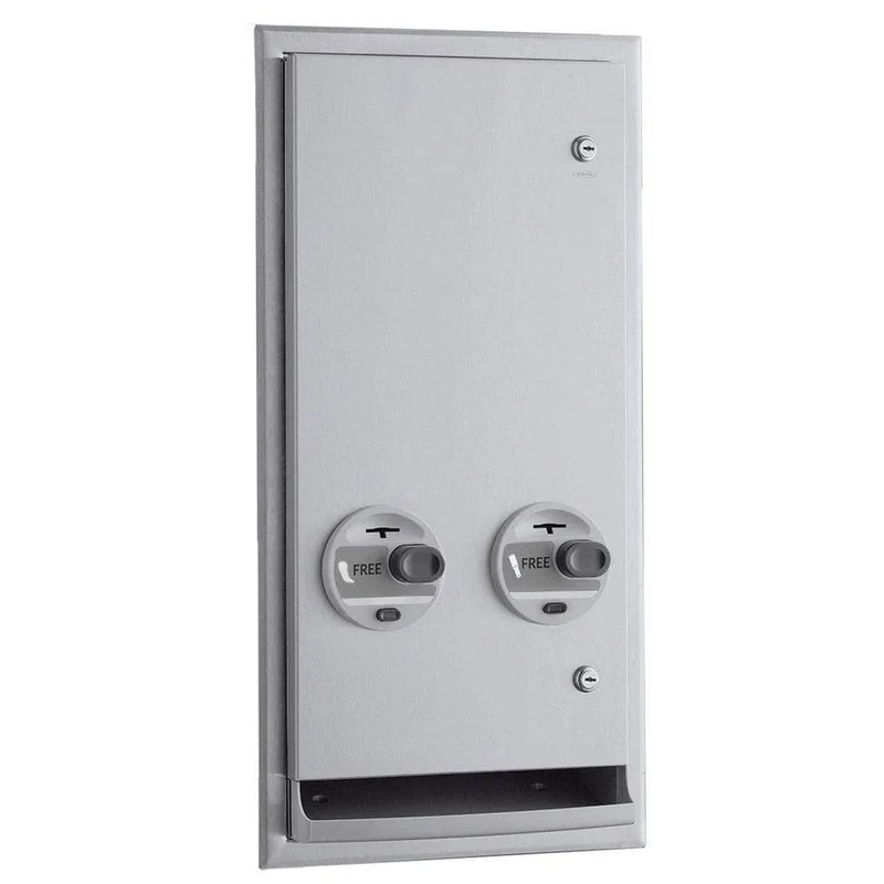 Bobrick B-3706C Commercial Restroom Sanitary Napkin/ Tampon Dispenser, Free-Operated, Semi Recessed/Recessed-Mounted, Stainless Steel