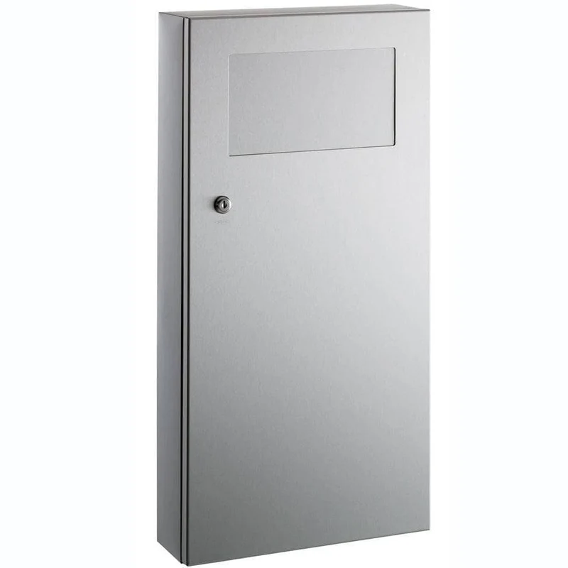 Bobrick B-35639 Commercial Restroom Sanitary Waste Bin, 11 L, Surface-Mounted, 14-3/16" W x 28-3/16" H, 4-1/2" D, Stainless Steel