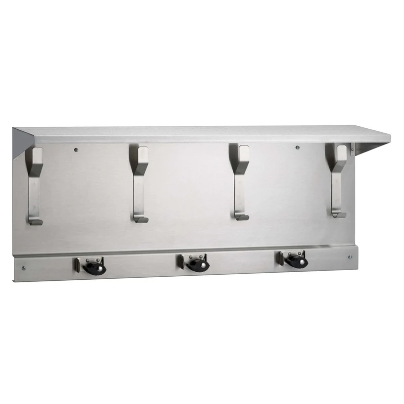 Bradley 9933-00 Commercial Mop & Broom Holder, 4 Hooks/3 Holders, 13-3/4" H x 34" L, Stainless Steel