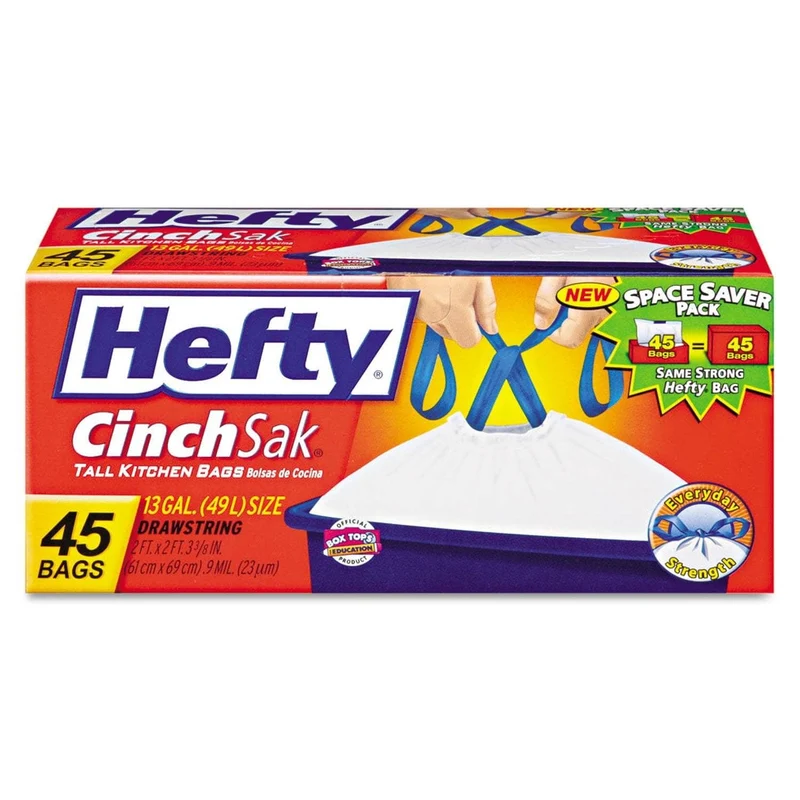 Hefty Cinch Sak Tall Kitchen And Trash Bags, 13 Gal, 0.9 Mil, 24" X 27.38", White, 45/Box - RFPE84572