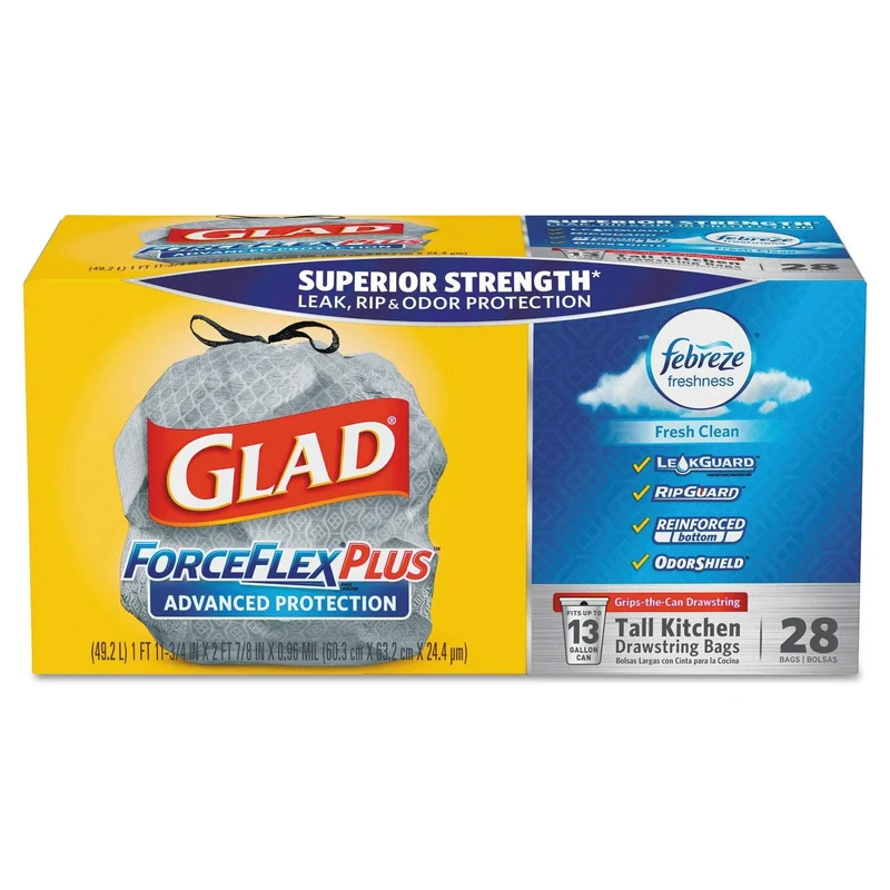 Glad Forceflexplus Odorshield Tall Kitchen Drawstring Trash Bags, 13 Gal, 0.96 Mil, 24" X 28", White, 168/Carton - CLO79018