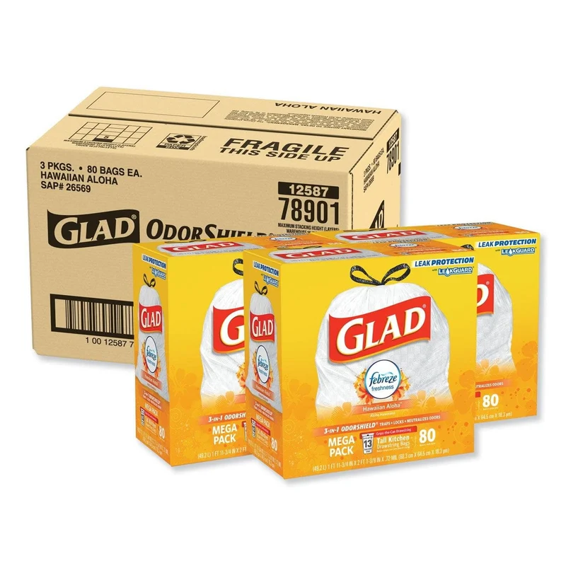 Glad Odorshield Tall Kitchen Drawstring Bags, 13 Gal, 0.95 Mil, 24" X 27.38", White, 240/Carton - CLO78901