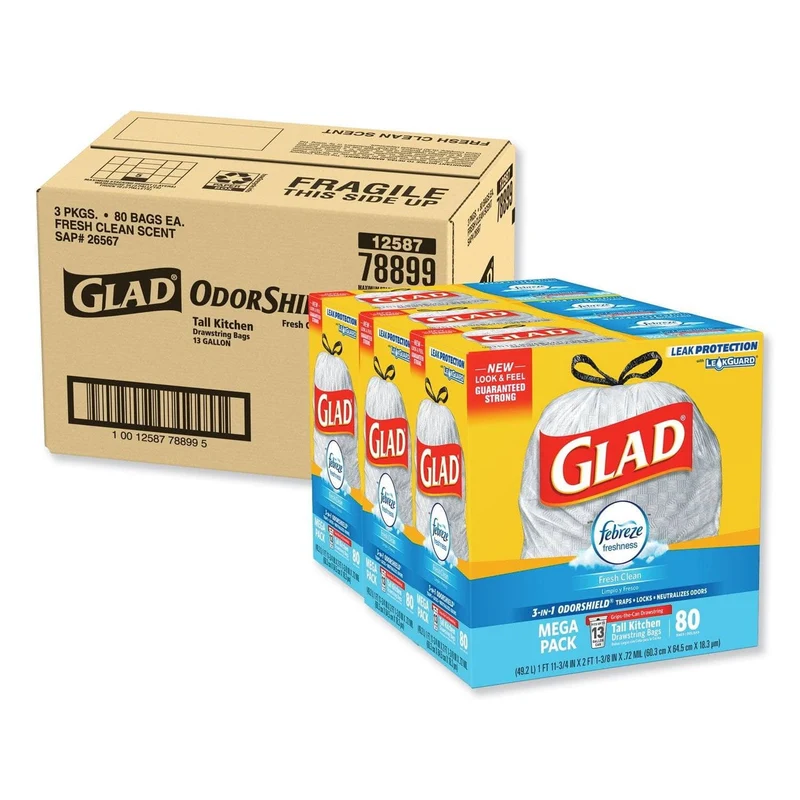 Glad Odorshield Tall Kitchen Drawstring Bags, 13 Gal, 0.95 Mil, 24" X 27.38", White, 240/Carton - CLO78899