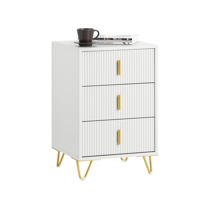 SoBuy FBT115-L-W Nattduksbord med 3 Lådor och Guldfärgade Ben – Vit, 40×40×63 cm