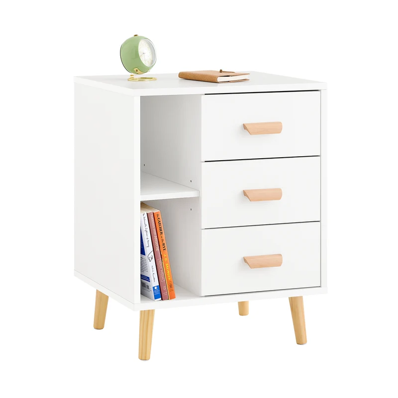 SoBuy FBT95-W Sängbord / Sidobord med 3 lådor & 2 hyllor – Stilrent och praktiskt för sovrum & vardagsrum