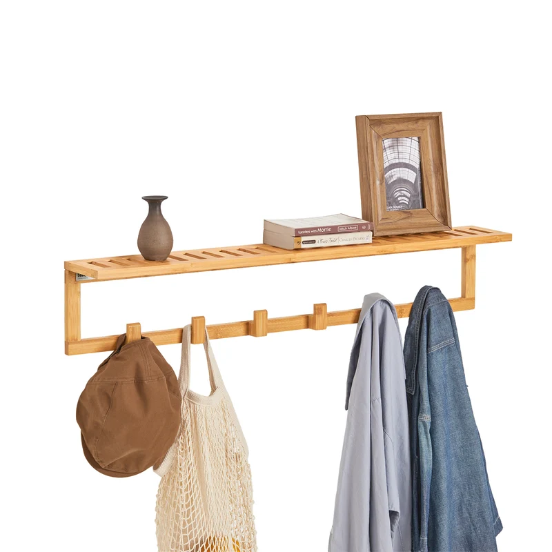 SoBuy FHK06-N Väggmonterad Klädhängare i Bambu med Hylla och 6 Krokar – 90 cm, Natur