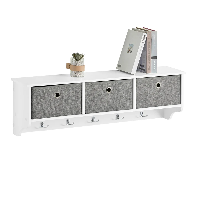 SoBuy FRG282-W Vägghängd Kapphylla med 3 Korgar och 5 Krokar, Hatthylla och Rockhängare, 100 × 20 × 30 cm – Vit