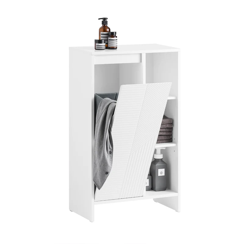 SoBuy BZR156-W Smal Badrumsmöbel med Tvättkorg – Praktiskt Högskåp med Fällbar Dörr och Öppna Hyllor, 86x50x30 cm, Vit