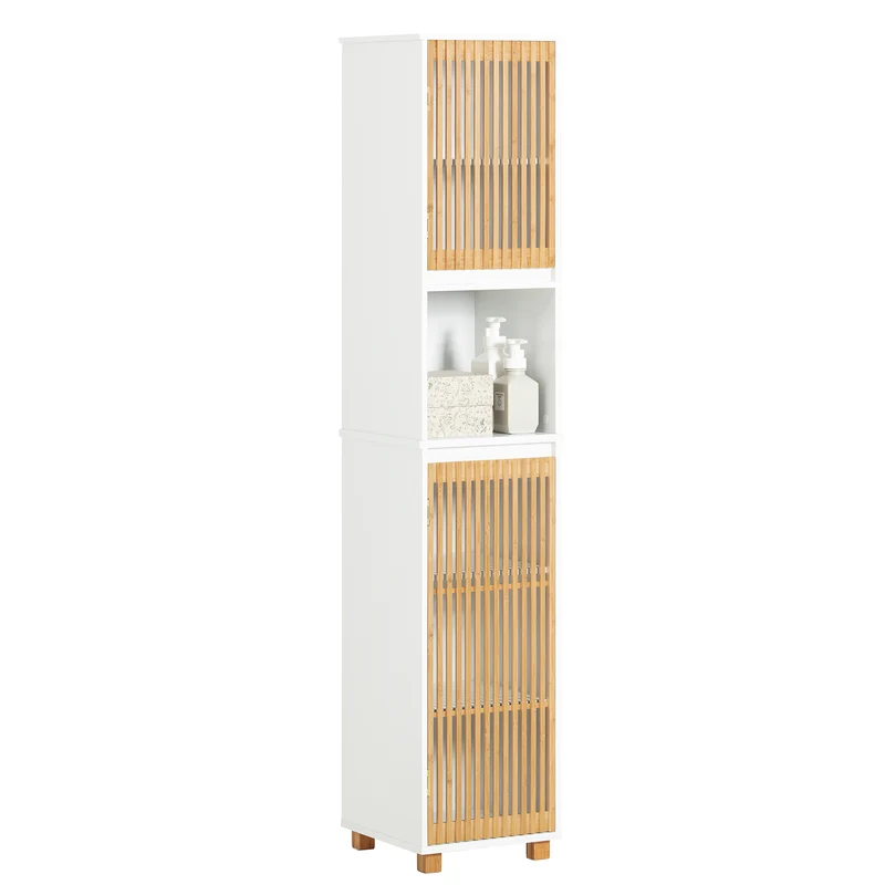 SoBuy BZR127-W Hög Smal Badrumsskåp med Bambudörrar – Förvaringsskåp & Hylla i Vitt/Natur, Perfekt för Toalett & Litet Badrum, 33x165x33 cm