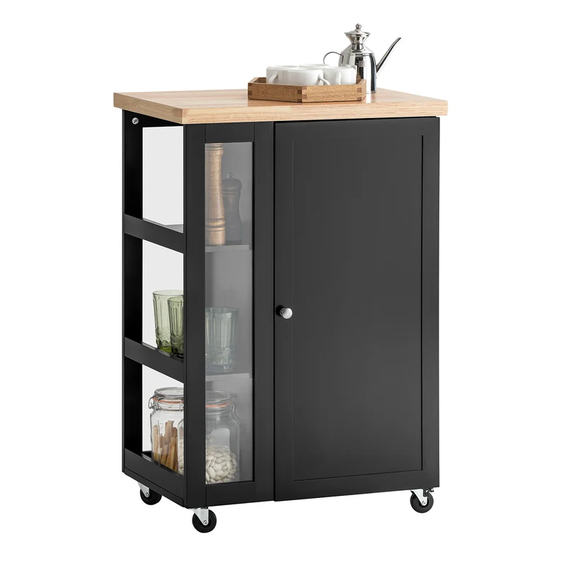 SoBuy FKW75-SCH Köksvagn 60 × 45 × 92 cm – Skåp, Justerbar Sidohylla, 4 Hjul med Broms – Svart