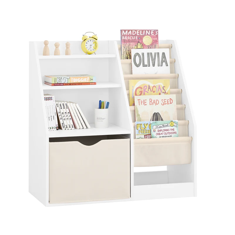 SoBuy KMB119-W Montessori bokhylla barnbarnhylla med tygfickor, 3 hyllor och fiberfickor leksakshylla och förvaring barnrum möbler vit 80 x 80 x 40 cm
