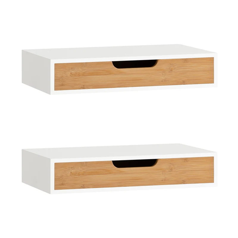 SoBuy FRG92-WNx2 Set of 2 Wall Mounted Shelves with Drawer - Modern Floating Shelves for Hallway, Living Room, Kitchen & Bedroom - White & Nature 40x24x8cm