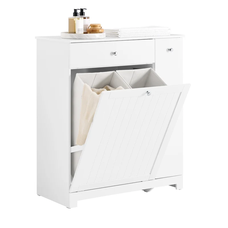 SoBuy BZR214-W Badrumsskåp med tvättkorg – badrumsskåp med 1 låda, 2 tvättkorgar och utdragsfack, smalt högskåp för badrumsmöbler kombination – 78 x 38 x 90 cm skåp för badrum