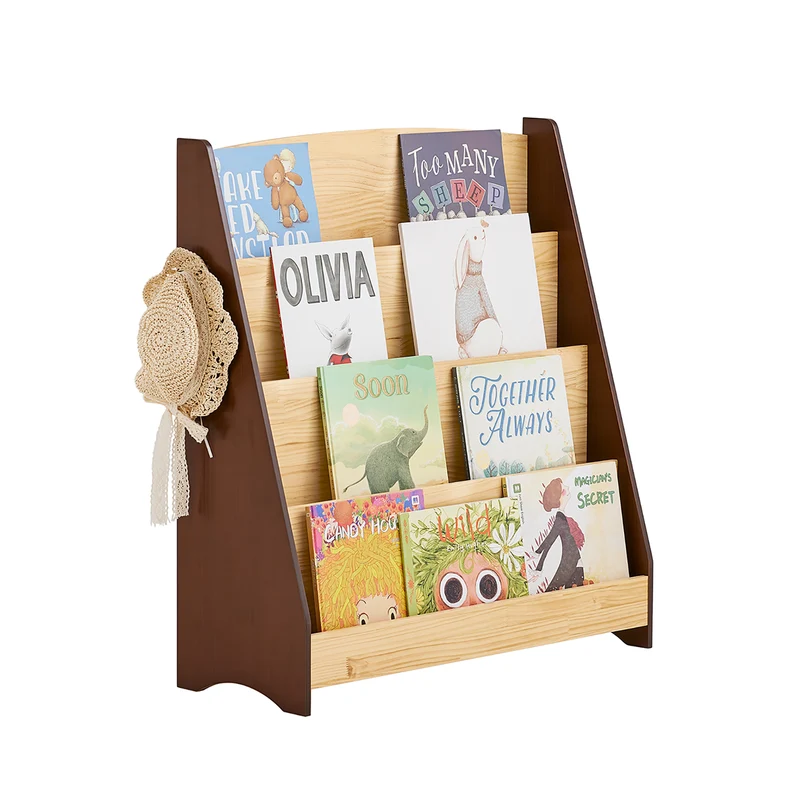 SoBuy KMB32-N Bokhylla barn Montessori barnhylla med 4 förvaringsfack och 2 krokar hylla barnrum leksak förvaring bokram hängande fack natur 91 x 89 x 30 cm