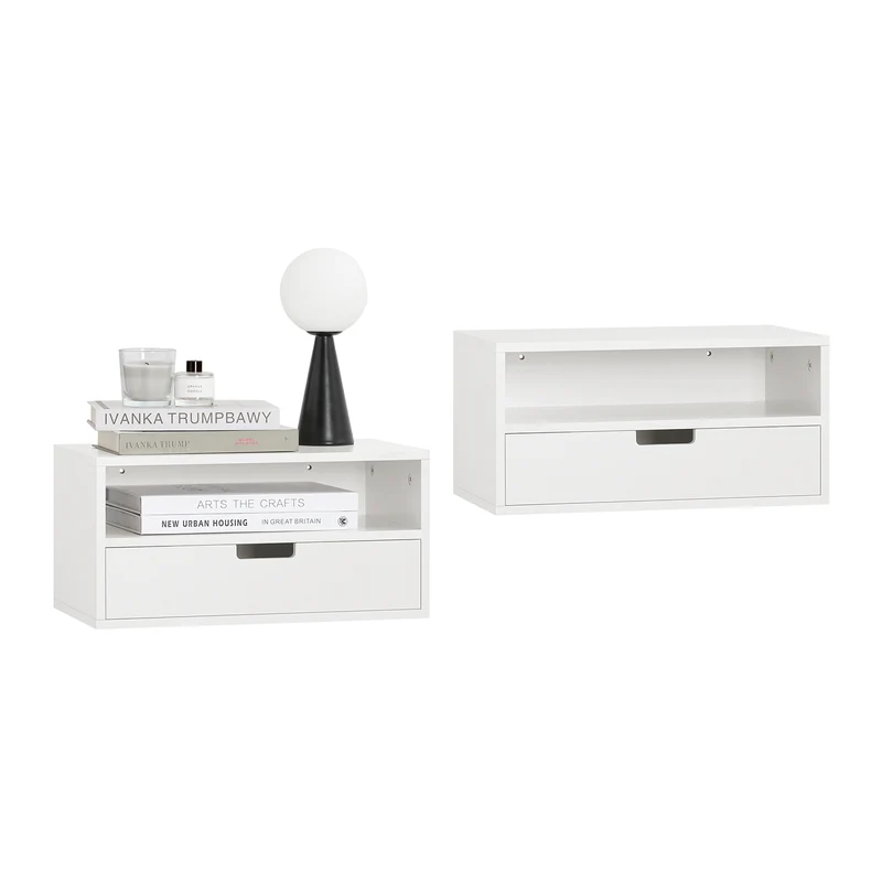 SoBuy NKD03-Wx2 Väggmonterad Sängbord med Låda och Hylla – Flytande Nattbord 45x25x22 cm