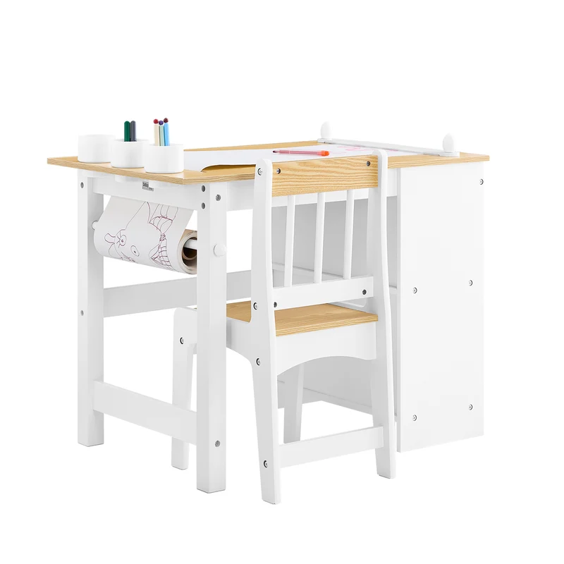 SoBuy KMB60-WN Barnbord med 1 stol, barnstolsgrupp med 1 pappersrullehållare, barnbord, stolset, lekbord och målbord för barnrum, målbord för barn, vitt och natur 80 x 66 x 50 cm