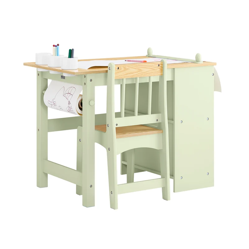 SoBuy KMB60-GR Barnbord med 1 stol, barnstolsgrupp med 1 pappersrullehållare, barnbord, stolset, lekbord och målbord för barnrum, målbord för barn, grönt 80 x 66 x 50 cm