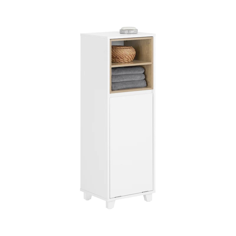 SoBuy BZR146-W Badrumsskåp med Tvättkorg – Smalt Golvskåp för Badrum, Förvaringsskåp med Dörr och Öppna Hyllor, Vit, 35x30x105 cm