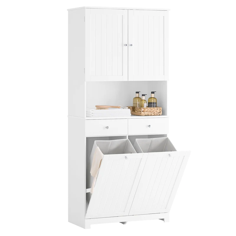 SoBuy BZR215-W Badrumsskåp med 2 Tvättkorgar och Förvaring – 181 cm | Vit