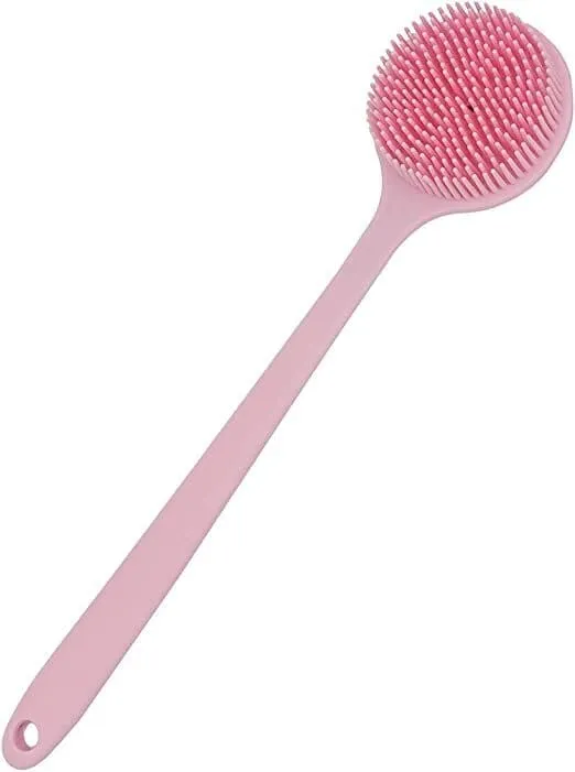 Dubbelfunktionell badborste - mjuk/fast silikon. Extra längd. 2 färger Rosa