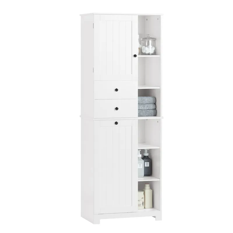 SoBuy BZR104-W Högt Badrumsskåp med Tvättkorg 60×37×171 cm – 6 Hyllor, 2 Lådor – Vit