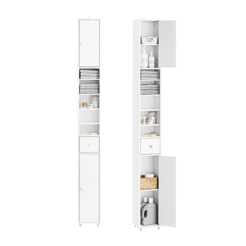 SoBuy BZR34-II-W Högskåp för Badrum 20×20×180 cm – 6 Justerbara Hyllor, Central Låda, Tippskydd – Vit