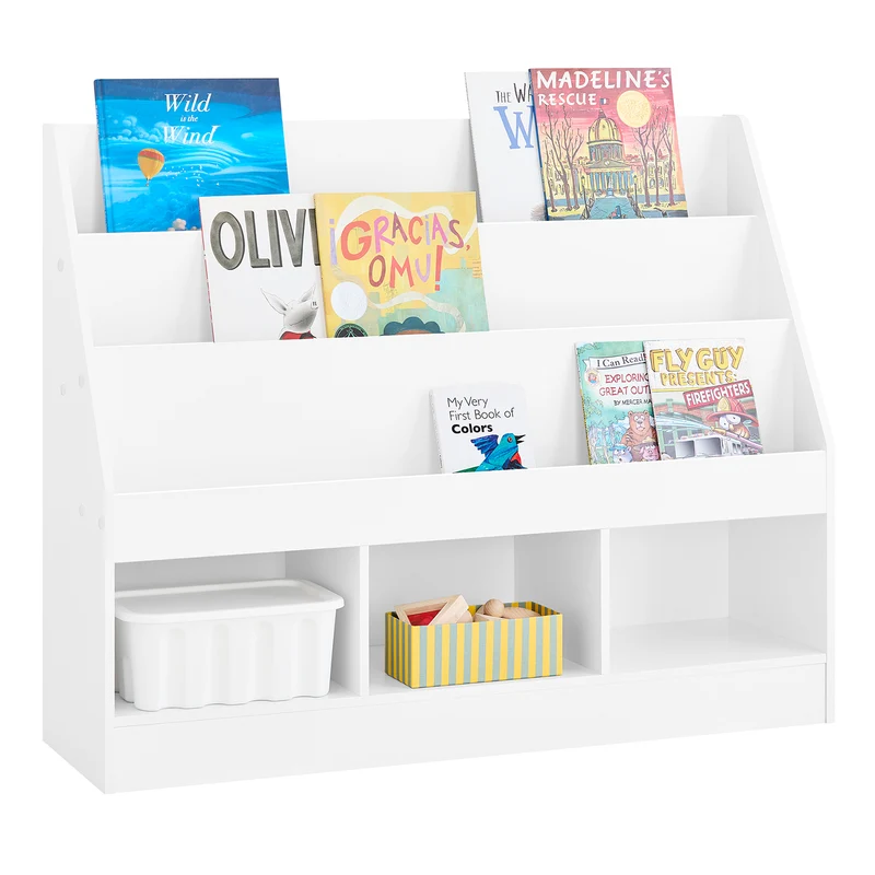 SoBuy KMB118-W Montessori bokhylla barnbarnhylla med 3 förvaringsfack och leksaker förvaringshylla barnrum bokhylla och leksakshylla barnrum möbler vit 100 x 80 x 30