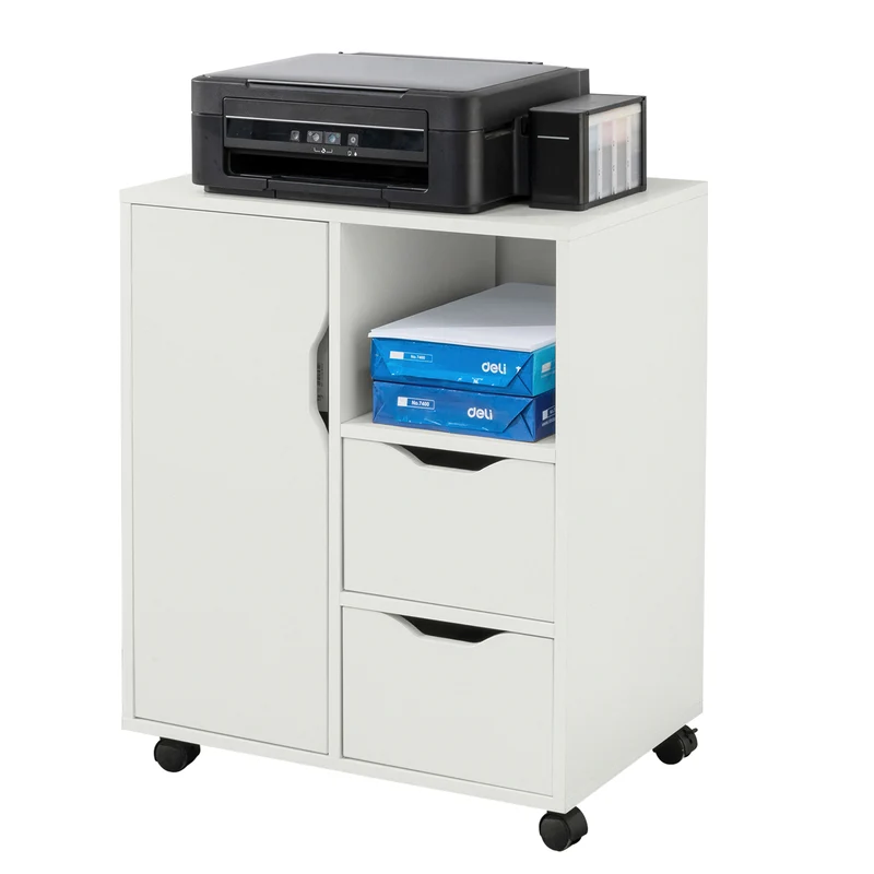 SoBuy FBT105-W Mobil Skrivbordshurts med Hjul – 2 Lådor, 1 Öppet Fack & 1 Skåp, Vit, 60×35×70 cm