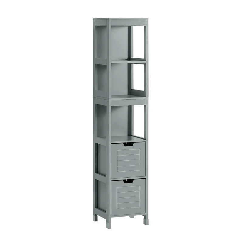 SoBuy FRG126-SG Badkolumn med 4 Hyllor & 2 Flyttbara Lådor – Kompakt, Stabil & Fuktbeständig, Perfekt för Små Badrum 30x30x140 cm