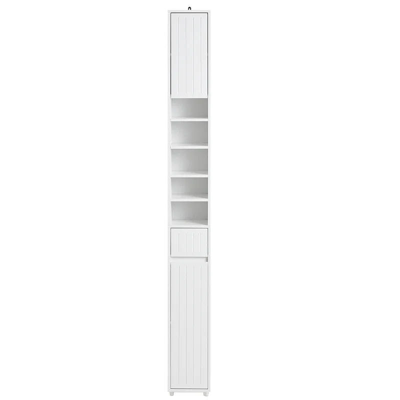 SoBuy BZR160-W Högskåp för badrum, smalt förvaringsskåp med 1 låda, 2 dörrar och 5 öppna fack, justerbara hyllor, vit, 20x20x180 cm