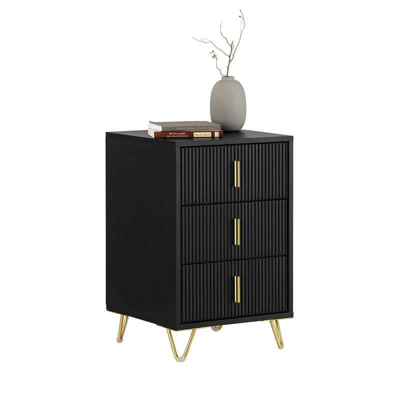 SoBuy FBT115-L-SCH Nattduksbord med 3 Lådor och Guldfärgade Ben – Svart, 40×40×63 cm