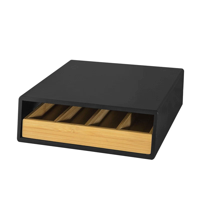 SoBuy FRG280-SCH Trälåda för te med fack – Organiserare för tepåsar eller kaffekapslar – Kompakt förvaring med bambulåda för kök eller arbetsyta 31x30x10 cm