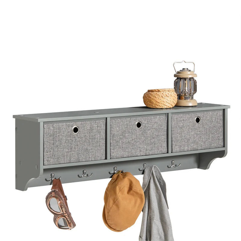 SoBuy FRG282-HG Vägghängd Kapphylla med 3 Korgar & 5 Krokar – Hatthylla & Rockhängare i Skandinavisk Design – Förvaring för Hallen – grå, Längd 100 cm, Max 15 kg