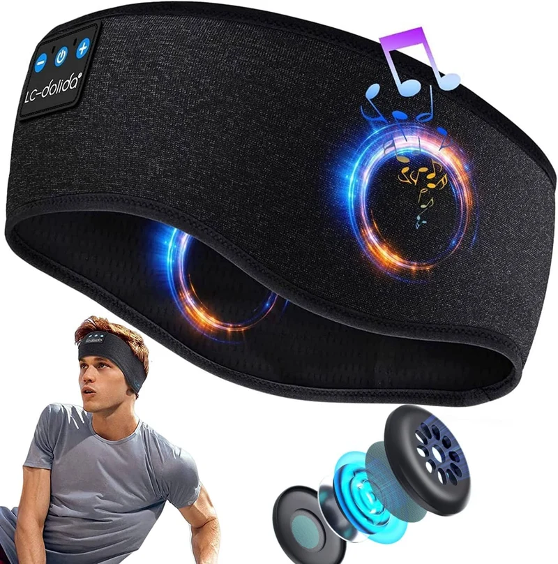 Sov gott - Elastiskt pannband med Bluetooth, hörlurar & mikrofon. 5.0.
