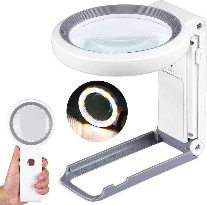 Premium läsförstoringsglas x10 med kraftfull förstoring och LED-belysning. Fria händer!