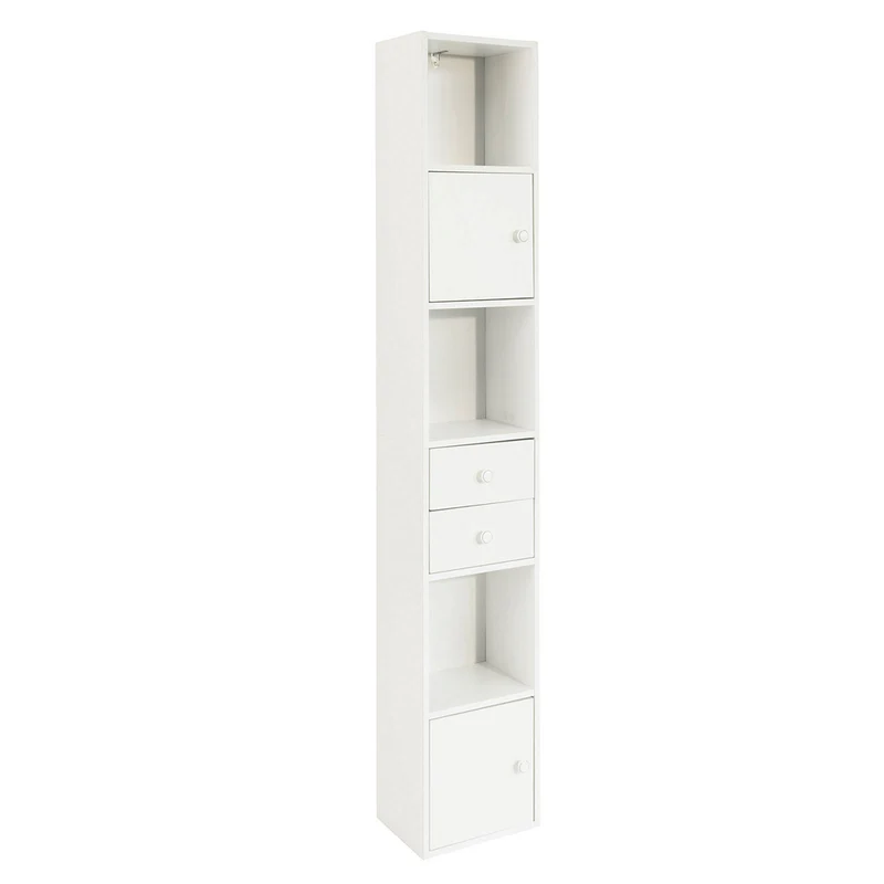 SoBuy STR10-W Hög Smal Förvaringsmöbel med 2 Dörrar, 2 Lådor och Öppna Hyllplan, 33×24×188 cm – Vit