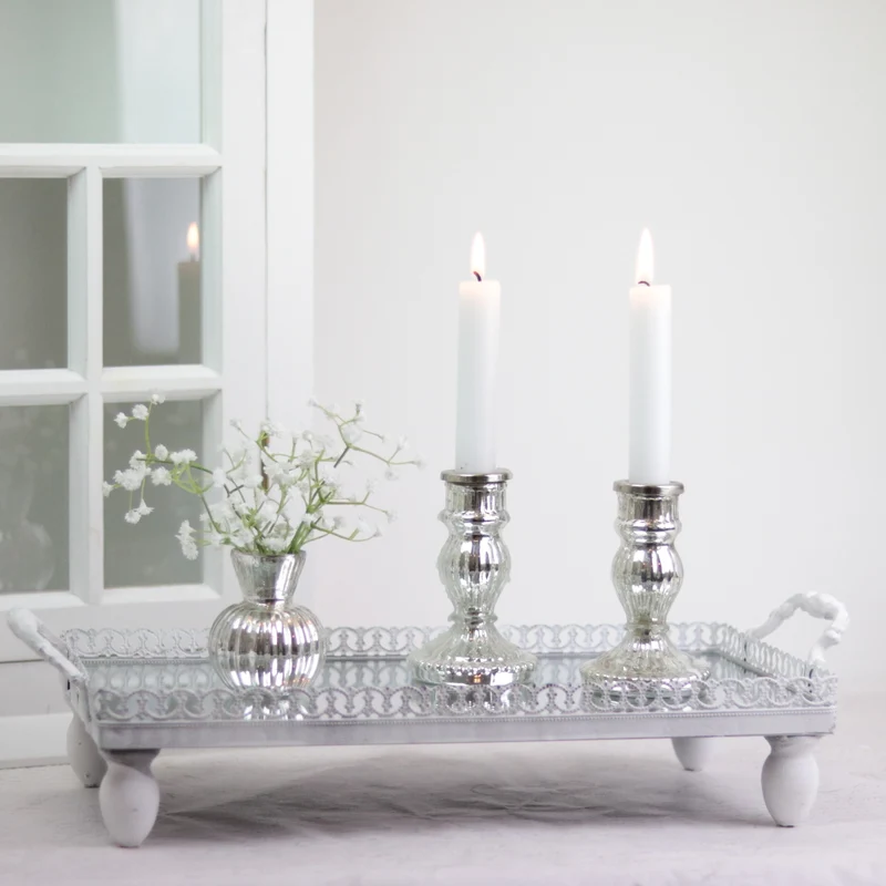 Dekorativt Fat Bricka Spegel Avlång Shabby Vit 2-pack